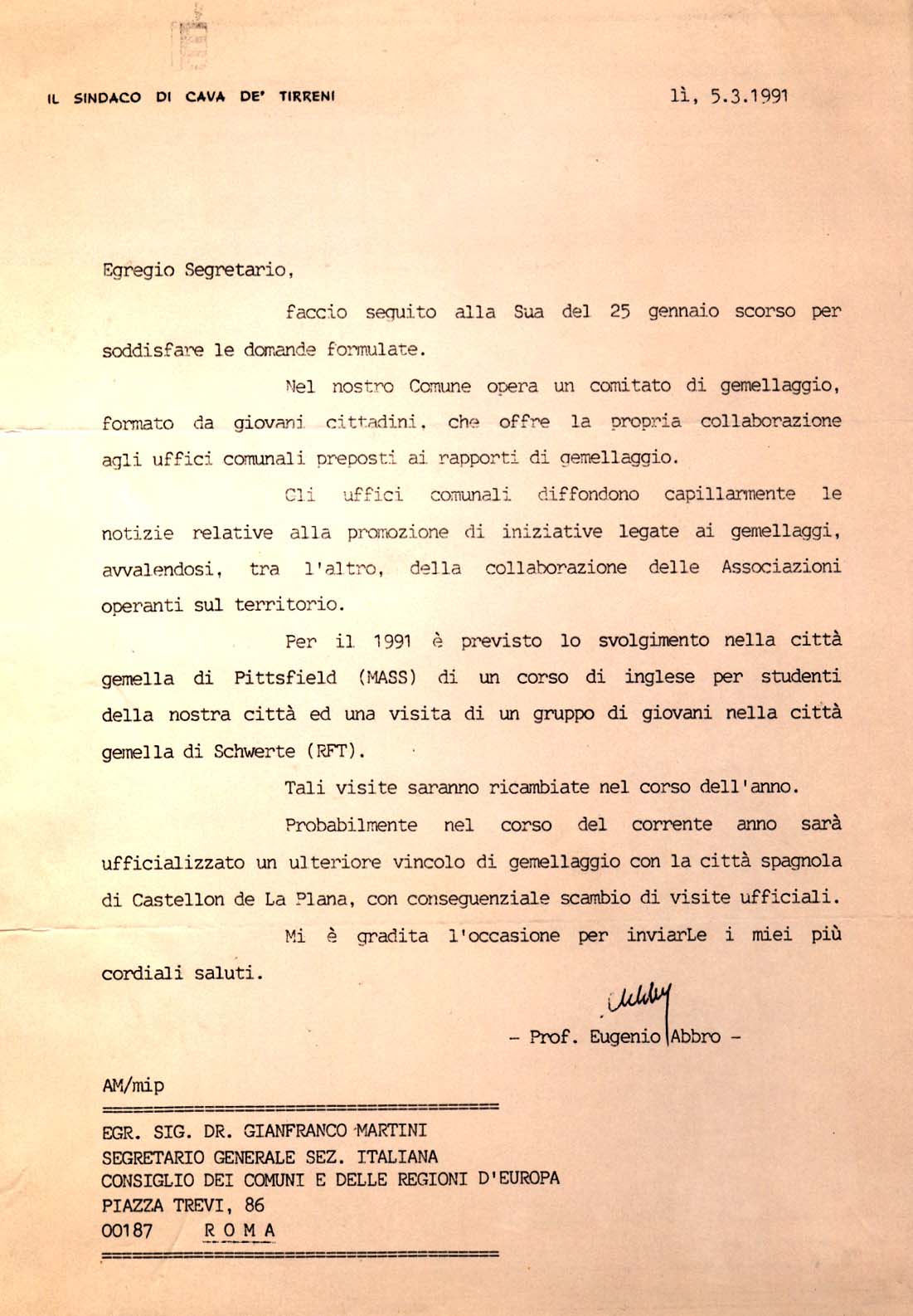 Lettera del Sindaco Eugenio Abbro 1991